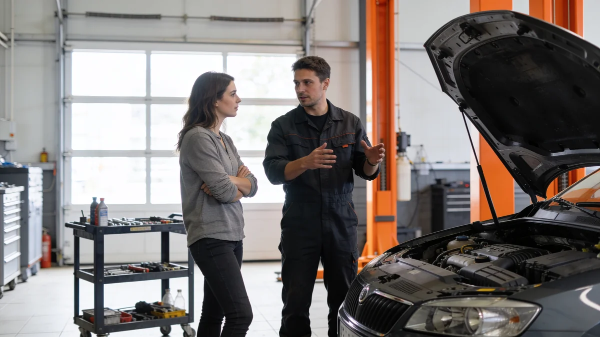 Mechanic explaining a repair to a customer beside an open car hood
