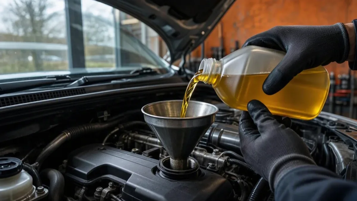 Mechanic holding an oil filter while old oil drains from a car on a lift