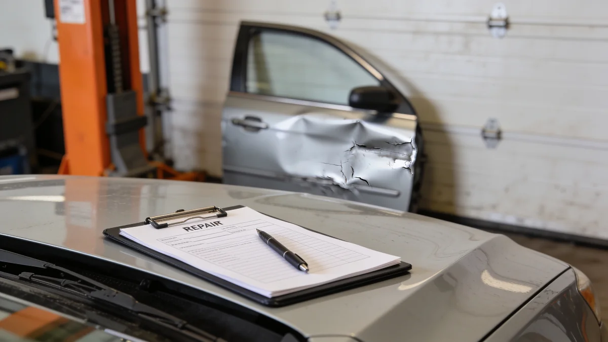 Repair estimate on a clipboard resting on a car with a dented door behind