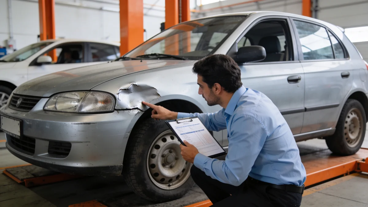 Servis danışmanı, hasarlı çamurluğu gösterip hasar formunu tutuyor