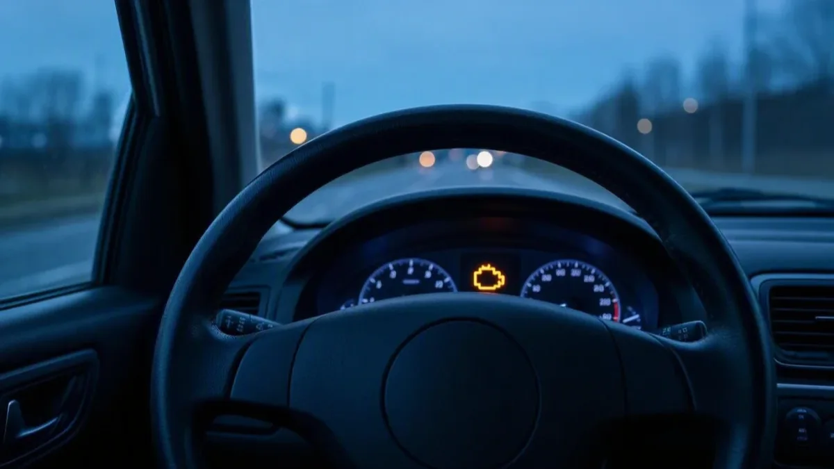 Amber check engine symbol lit on a car instrument cluster at dusk